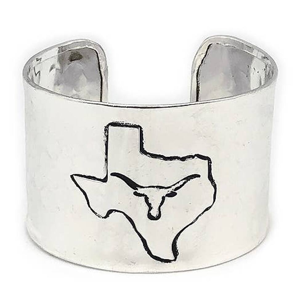 Western Silver Tone Adjustable Cuff Bracelet Texas with Longhorn